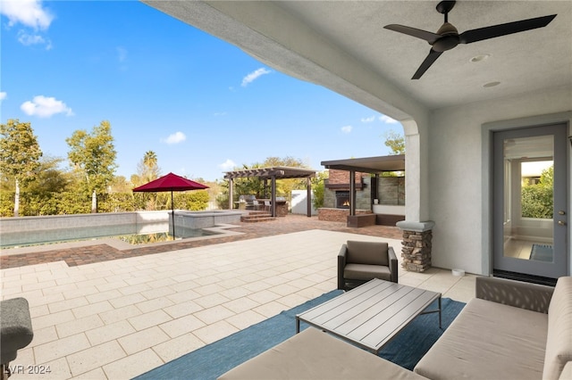 view of patio with a pergola, outdoor lounge area, ceiling fan, and a swimming pool