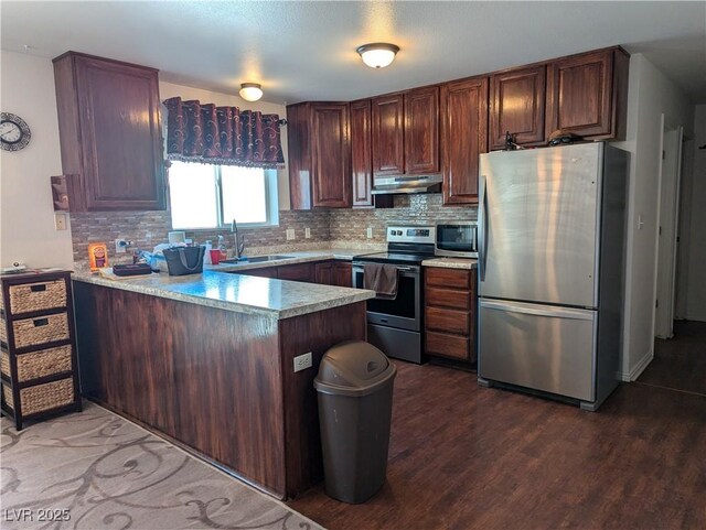 kitchen with sink, stainless steel appliances, dark hardwood / wood-style floors, decorative backsplash, and kitchen peninsula