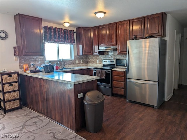 2327 Iron Dr, Ely, NV 89301 - kitchen featuring appliances with stainless steel finishes, a sink, a peninsula, under cabinet range hood, and tasteful backsplash
