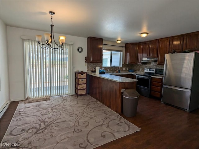 2327 Iron Dr, Ely, NV 89301 - kitchen with stainless steel appliances, a peninsula, a chandelier, under cabinet range hood, and a sink