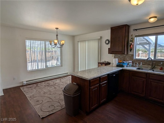2327 Iron Dr, Ely, NV 89301 - kitchen featuring baseboard heating, a sink, dishwasher, dark wood-style flooring, and a peninsula