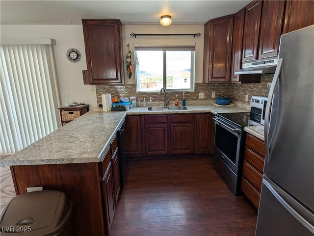 2327 Iron Dr, Ely, NV 89301 - kitchen featuring stainless steel appliances, under cabinet range hood, a sink, a peninsula, and dark wood finished floors