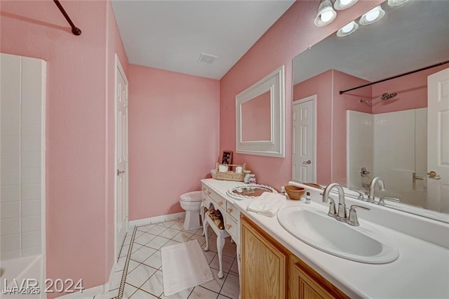 full bathroom with toilet, vanity, tile patterned floors, and tub / shower combination