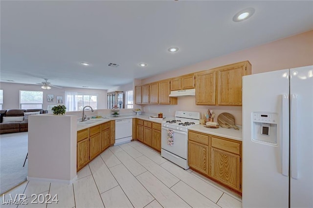 kitchen featuring kitchen peninsula, white appliances, ceiling fan, and sink