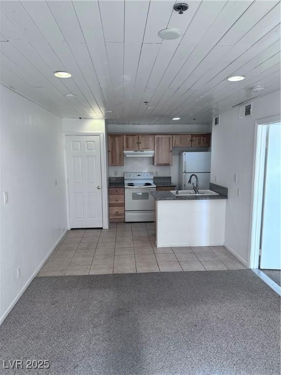 kitchen with kitchen peninsula, white appliances, light colored carpet, and sink