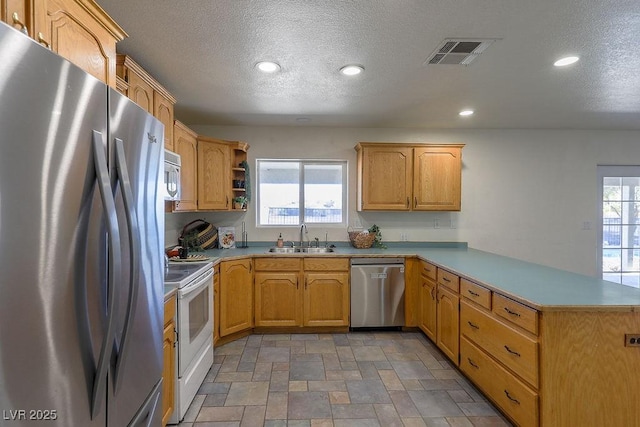 kitchen featuring kitchen peninsula, appliances with stainless steel finishes, a textured ceiling, and sink