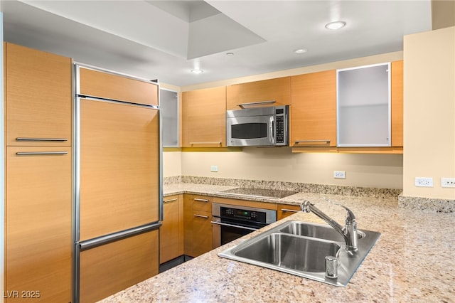 kitchen with light stone countertops, appliances with stainless steel finishes, and sink