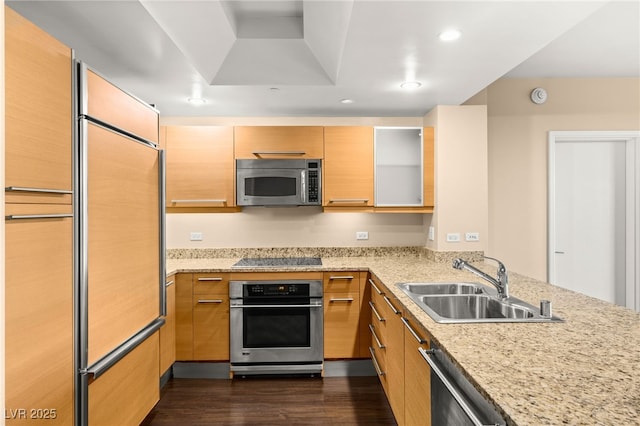 kitchen with sink, light brown cabinets, stainless steel appliances, dark hardwood / wood-style flooring, and light stone counters