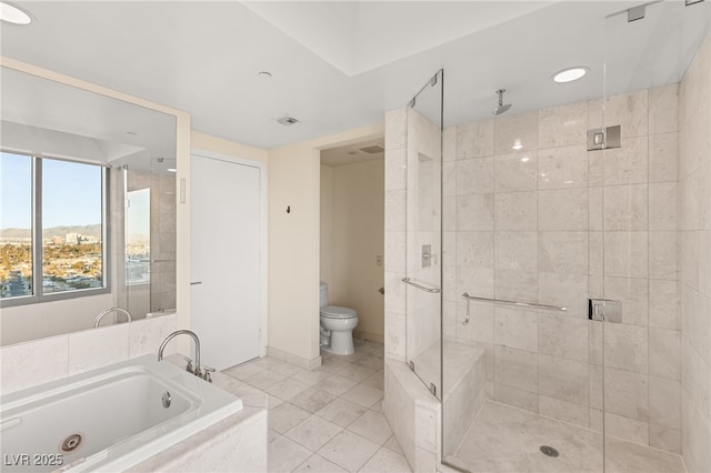 bathroom with separate shower and tub, tile patterned flooring, and toilet