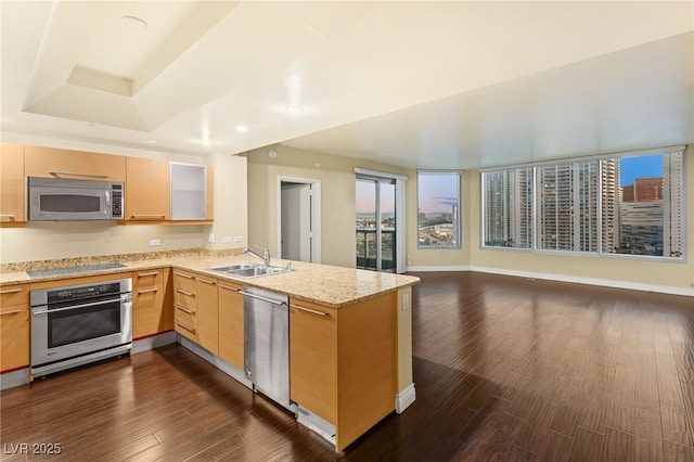 kitchen featuring light stone countertops, stainless steel appliances, sink, dark hardwood / wood-style floors, and kitchen peninsula