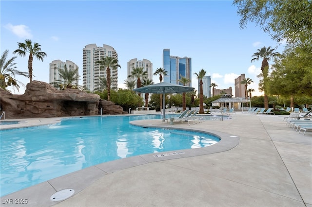 view of swimming pool featuring a patio