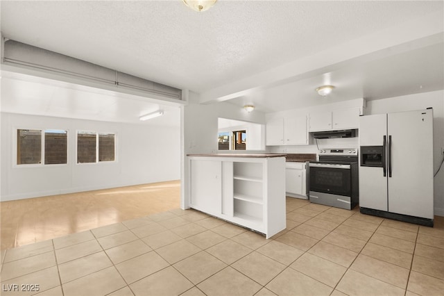 kitchen featuring white cabinetry, white fridge with ice dispenser, light tile patterned floors, a textured ceiling, and stainless steel range with electric cooktop