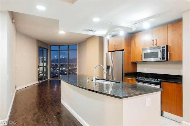 kitchen featuring sink, dark stone countertops, an island with sink, wood-type flooring, and appliances with stainless steel finishes