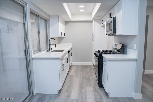 kitchen featuring white cabinets, sink, appliances with stainless steel finishes, a tray ceiling, and light hardwood / wood-style floors