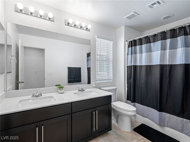 bathroom with tile patterned floors, walk in shower, vanity, and toilet