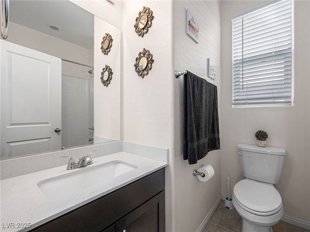 bathroom with tile patterned floors, walk in shower, vanity, and toilet