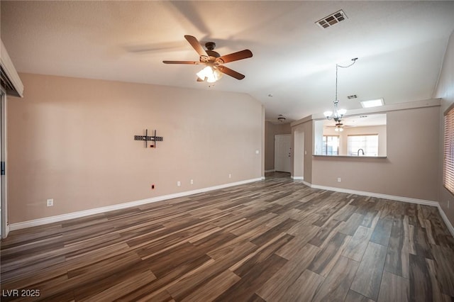 unfurnished living room with ceiling fan, dark hardwood / wood-style flooring, and lofted ceiling