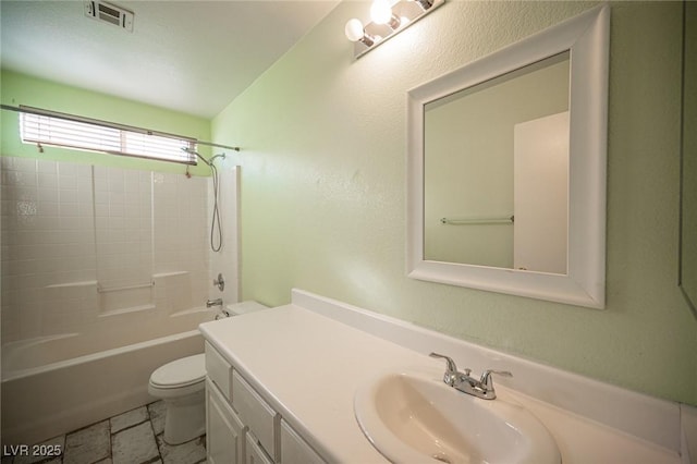 full bathroom with vanity,  shower combination, and toilet