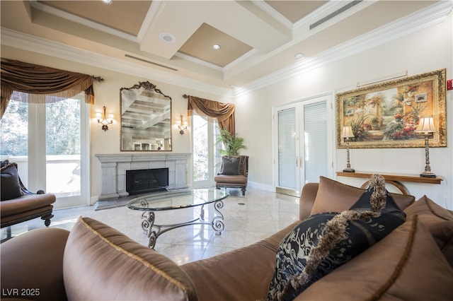 living area with coffered ceiling, a fireplace with raised hearth, ornamental molding, and baseboards