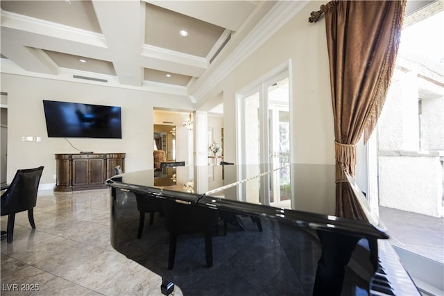 rec room featuring visible vents, ornamental molding, coffered ceiling, and beam ceiling