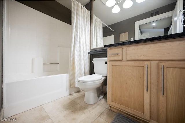 full bath featuring visible vents, toilet, shower / bath combo, vanity, and tile patterned flooring