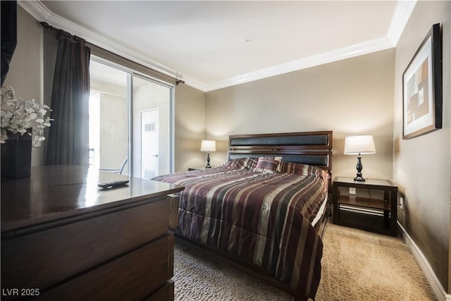 carpeted bedroom featuring baseboards and crown molding