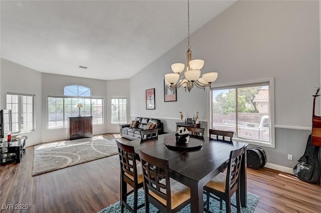 dining room with hardwood / wood-style flooring and a notable chandelier