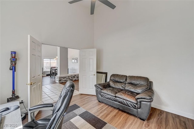 office space featuring light wood-type flooring and ceiling fan