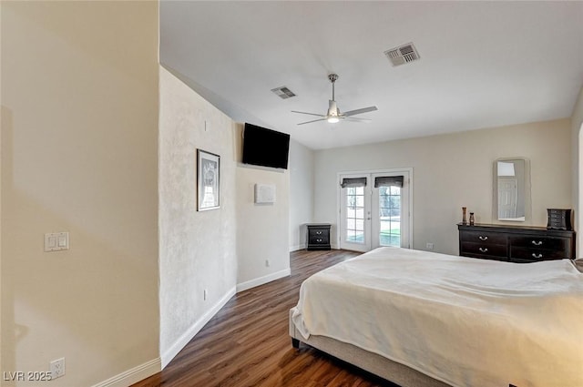 bedroom with access to exterior, ceiling fan, dark hardwood / wood-style flooring, and french doors