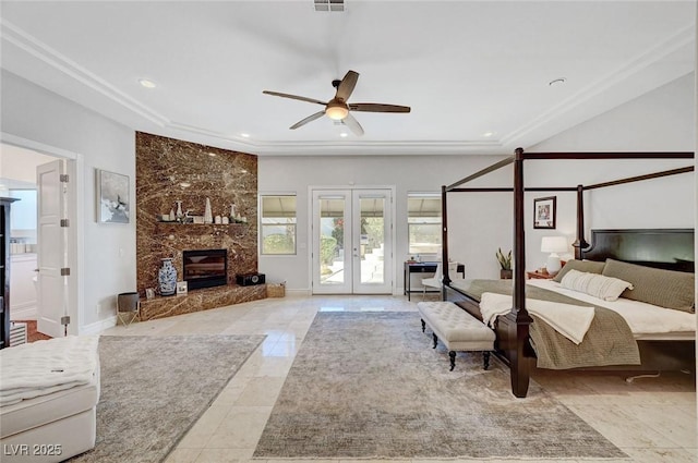 bedroom featuring ceiling fan, french doors, ensuite bathroom, access to outside, and light tile patterned floors