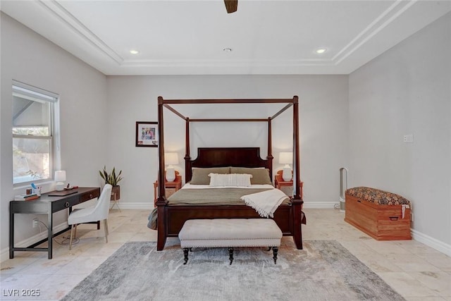 bedroom featuring a tray ceiling, ceiling fan, and light tile patterned floors