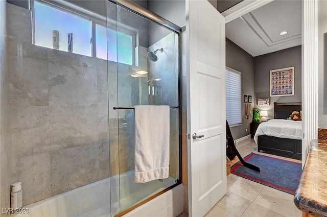 bathroom with tile patterned flooring, bath / shower combo with glass door, and ornamental molding