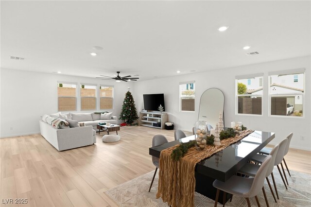 dining room featuring ceiling fan and light hardwood / wood-style flooring