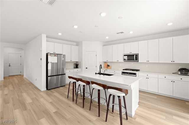 kitchen featuring sink, an island with sink, a kitchen bar, white cabinets, and appliances with stainless steel finishes