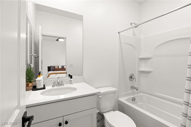 full bathroom featuring vanity, toilet, and shower / bathtub combination with curtain