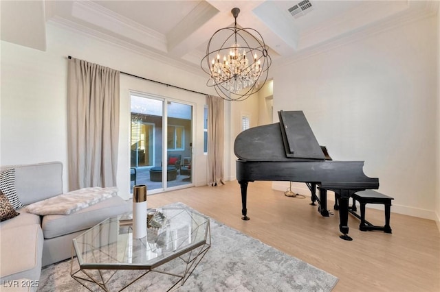 misc room featuring a notable chandelier, beam ceiling, light hardwood / wood-style floors, and coffered ceiling