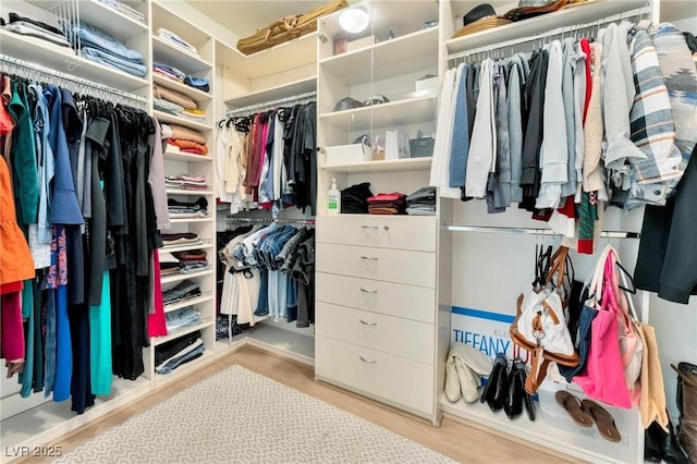 spacious closet featuring light hardwood / wood-style floors