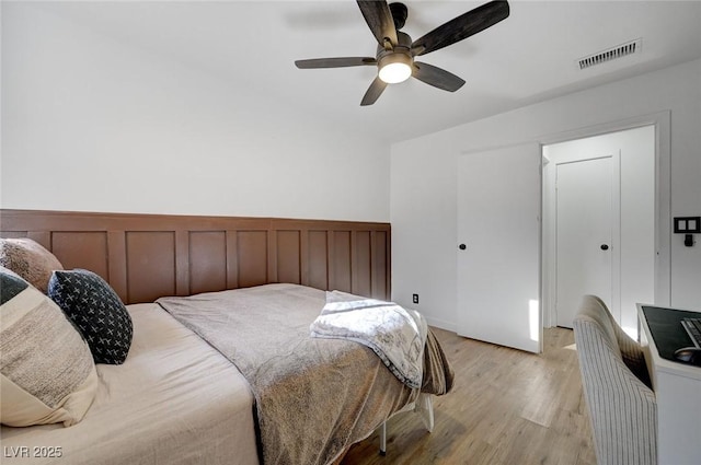 bedroom featuring ceiling fan and light wood-type flooring