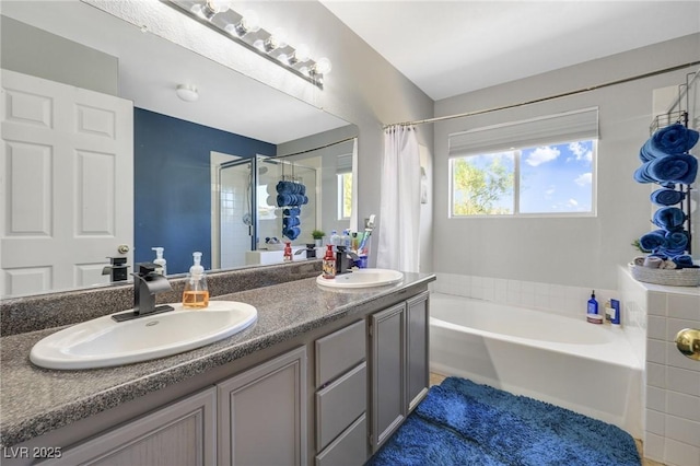 bathroom with vanity and independent shower and bath