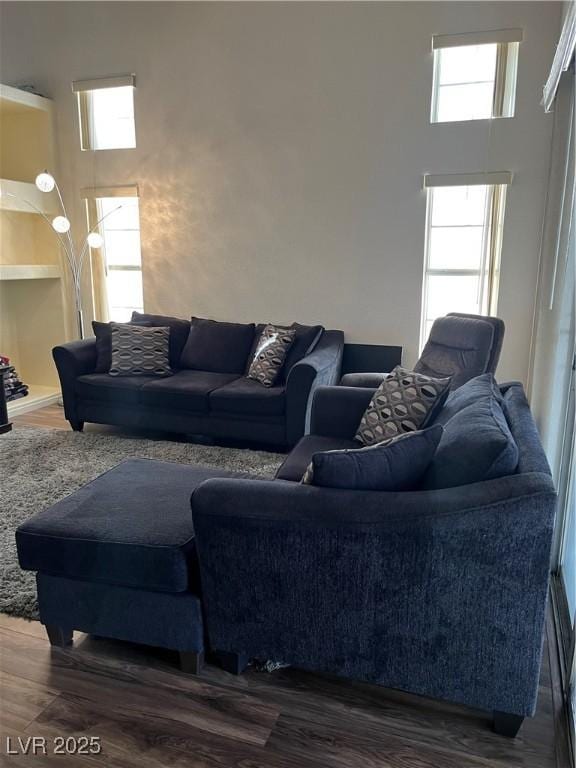 living room with a high ceiling and dark hardwood / wood-style flooring