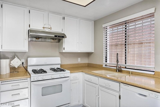 kitchen featuring white cabinetry, white appliances, and sink