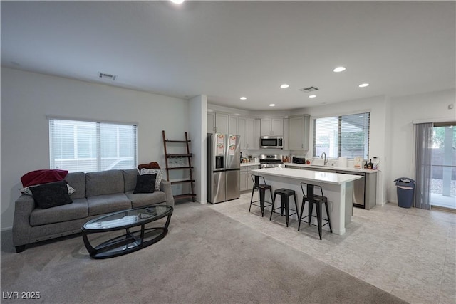 carpeted living room featuring sink