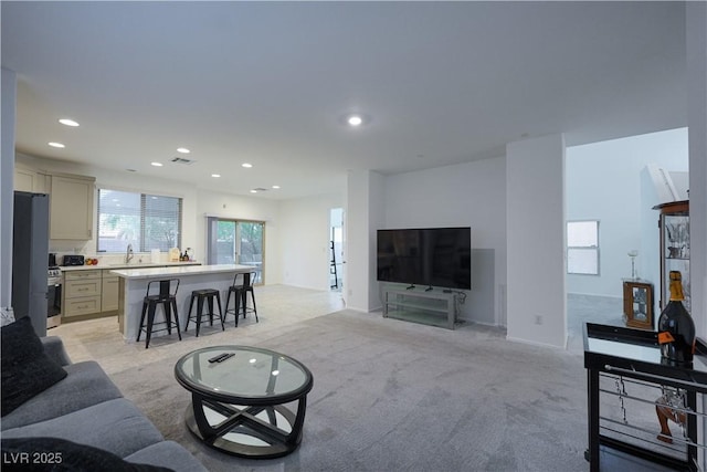 carpeted living room with sink