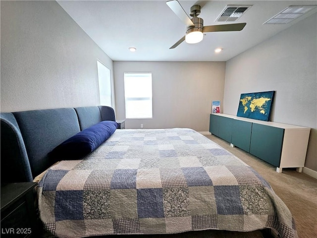 carpeted bedroom featuring ceiling fan