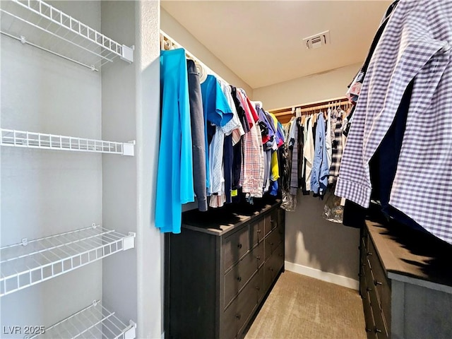 spacious closet featuring light carpet