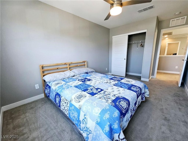 bedroom featuring ceiling fan, a closet, and dark carpet