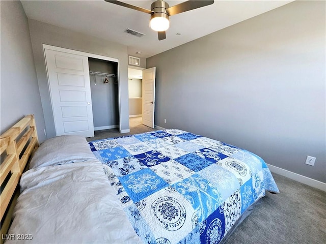 carpeted bedroom with ceiling fan and a closet