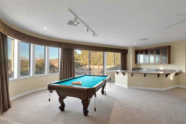 recreation room featuring light colored carpet, track lighting, and billiards