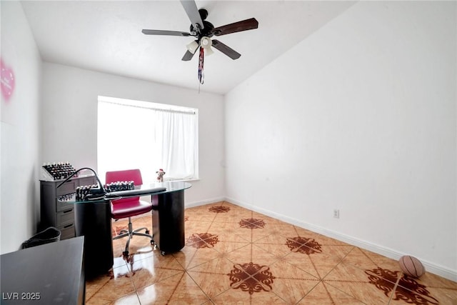 tiled home office with ceiling fan