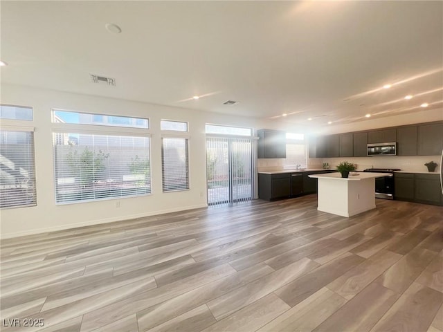 kitchen with a center island, a healthy amount of sunlight, light hardwood / wood-style floors, and appliances with stainless steel finishes